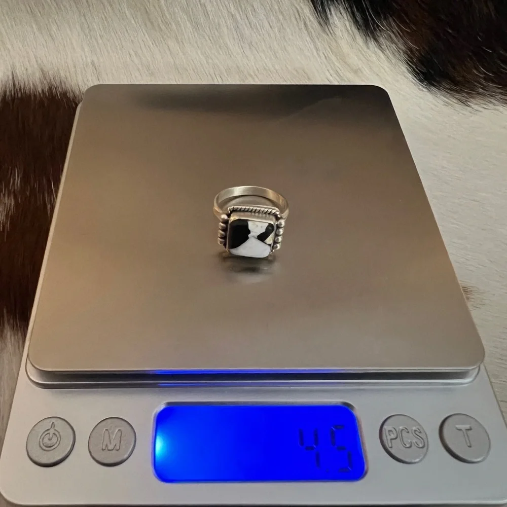 ❤️ White Buffalo Turquoise Square 925 Ring Navajo Style Matte ADJ SZ 5 to 7.5